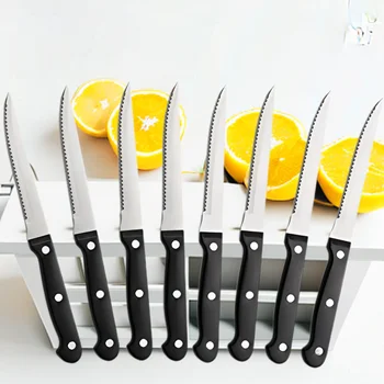 4/6/8/12 pezzi coltelli da bistecca forchette set lama affilata manico in PP nero barbecue all'aperto picnic taglierina di carne coltello da taglio per pesce multifunzione 1