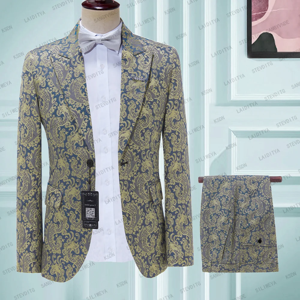 

2023 Fashion New Men's Casual Boutique Business Wedding Host Flower Color Suits 2 Pcs Set Dress Blazers Jacket Pants