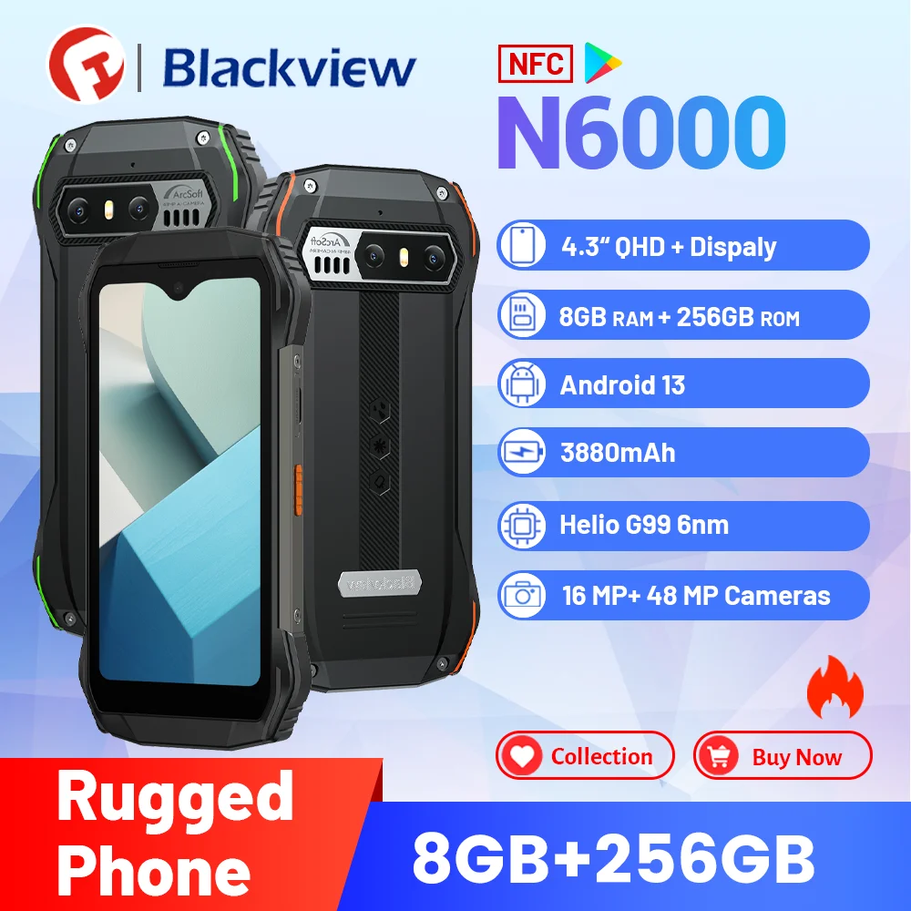 Blackview N6000 Rugged Phone Global Version , (8Gb + 8Gbexpansion) + 256Gb ,48Mp,3880Mah ,Android 13, Helio G99 Smartphone