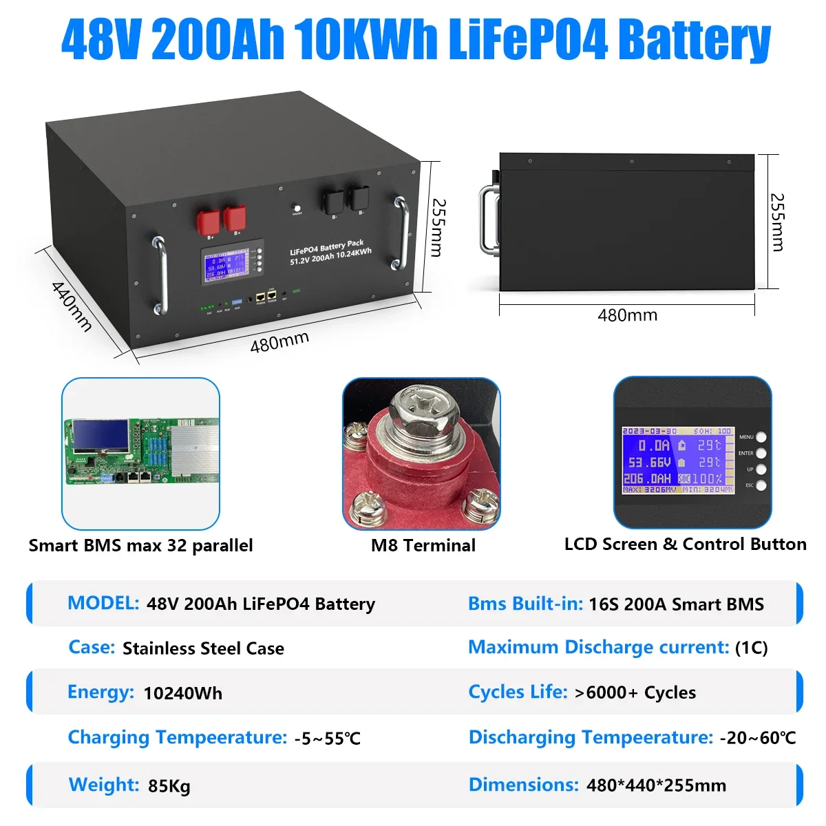 Batteria solare al litio LiFePO4 48V 300AH 15KWH 51,2V 100AH 200AH 6000+ cicli con BMS 16S 200A per inverter - immagine 2