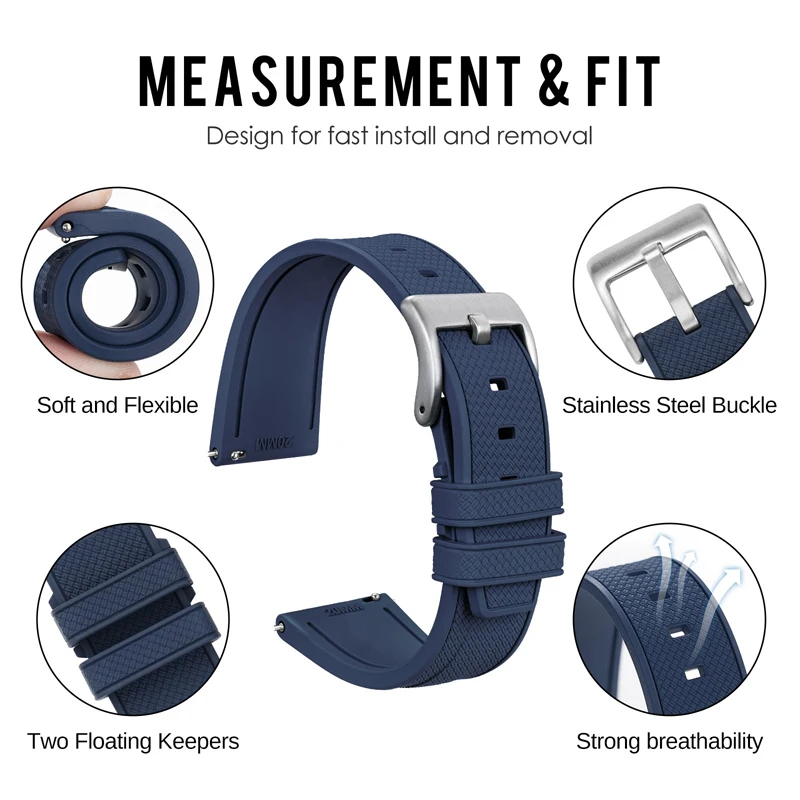 Premium FKM Rubber Strap - Quick Release, Soft, Comfortable, Waterproof
