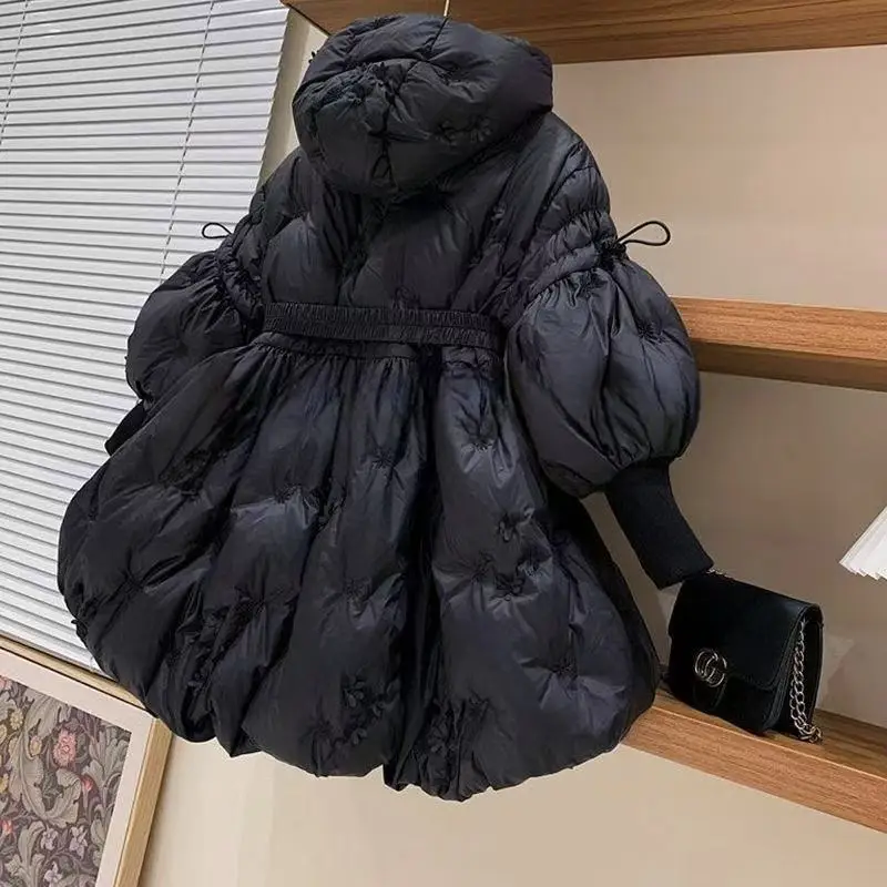 سترة شتوية سميكة للأطفال بأكمام فانوس فرنسي مع سترة دافئة بغطاء للرأس مطرزة ثلاثية الأبعاد