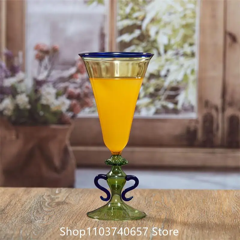 Handmade Glass Wine Glass Creative Retro Goblet Mug with Handle Coffee Juice Cup Drinkware Barware Champagne Glasses
