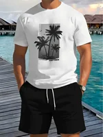 Men's Summer Fashion Casual Loose-Fit Set Plus Size Coconut Grove Print Crew Neck Short Sleeve Drawstring Shorts Two-Piece Set 1