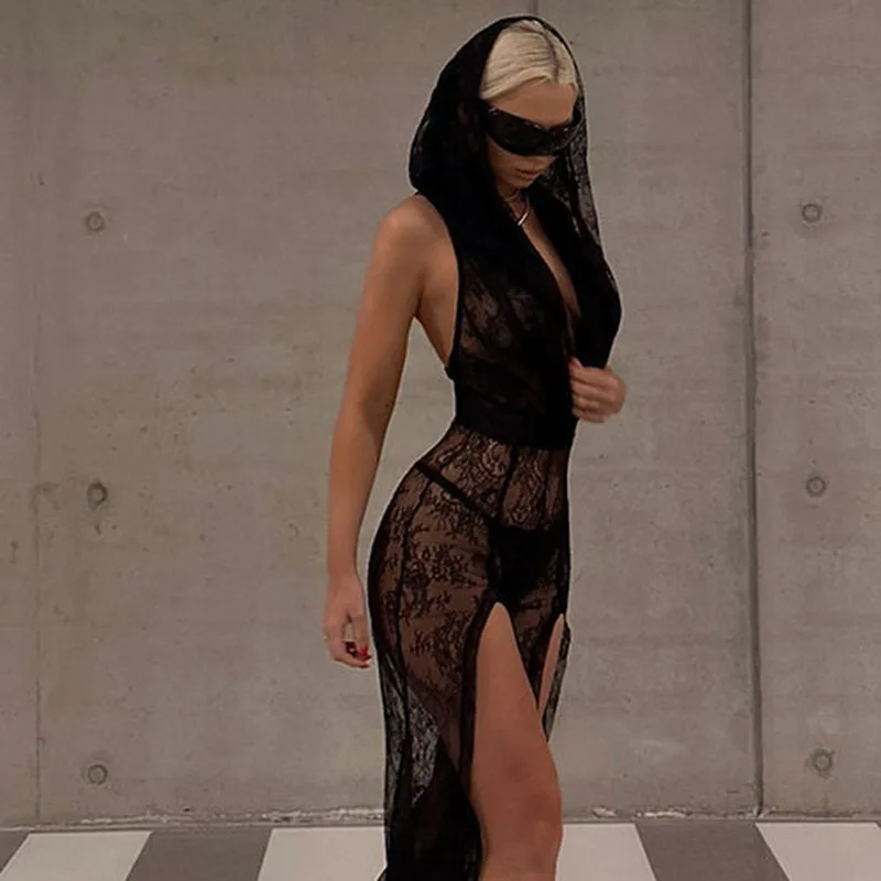 Women Sexy See Through Jumpsuits Deep V Neck Sleeveless Backless High Split Club Party Lace Hooded Rompers Hottie Slim Overalls