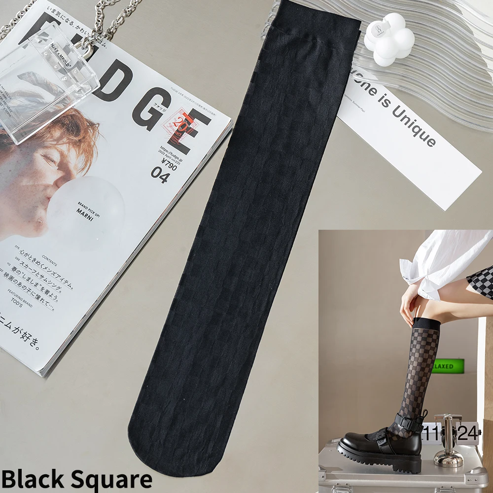 Women's Summer Thin Black Calf Socks - Diamond Pattern British Style Long Stockings