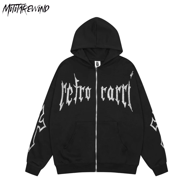 

Hip Hop Vintage Print Hooded Jacket Men Zipper Long Sleeve Pocket Autumn Winter Streetwear Coat Y2K Aesthetic Loose Hoodies