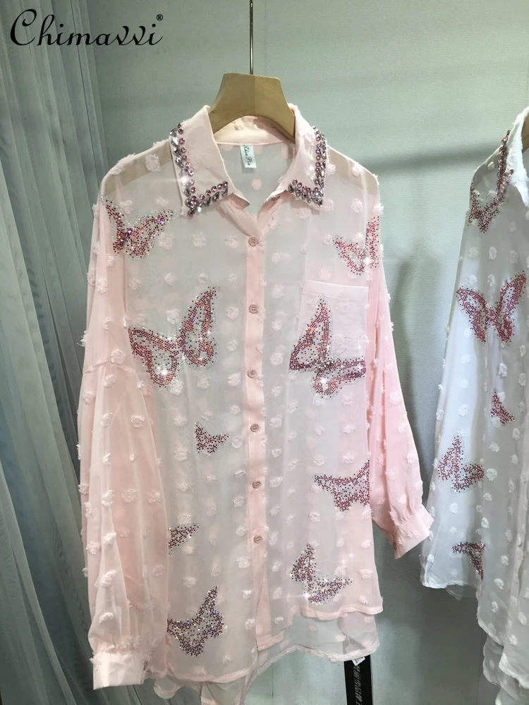 European Heavy Rhinestone Shirt Lightweight Shirt Fashion Sweet Butterfly Lapel Beaded Loose Mid-Length Blouse Tops Summer New fashion jewel mermaid anke length homecoming gown rhinestone chiffon formal occasion вечернее платье в пол с рукавами فس