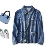 

Cotton Denim Coat Women New 2022 Turn-down Collar Casual Pockets Solid Spring Autumn Denim Jacket Loose Single Breasted
