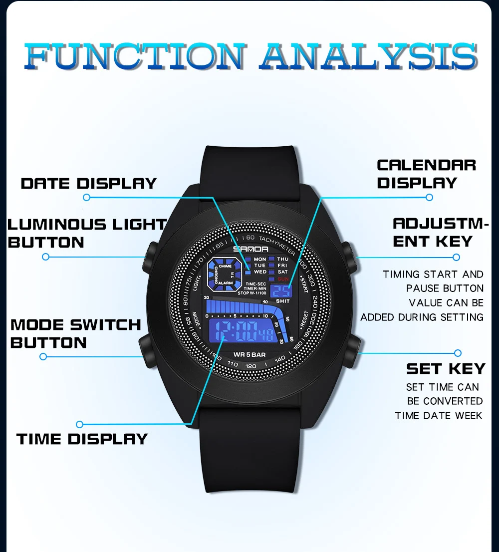2023 New Single Core Electronic SANDA  9025 Watch Multifunctional Silicone Tape Men's Outdoor Sports Waterproof Wristwatch