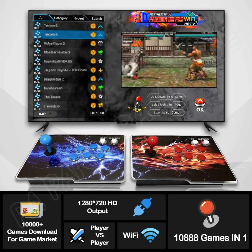 10888 판도라 EX 아케이드 박스 머신 18S Pro 3D Wi-Fi 멀티플레이어 조이스틱 6 버튼 레트로 아케이드 콘솔 4 플레이어 게임