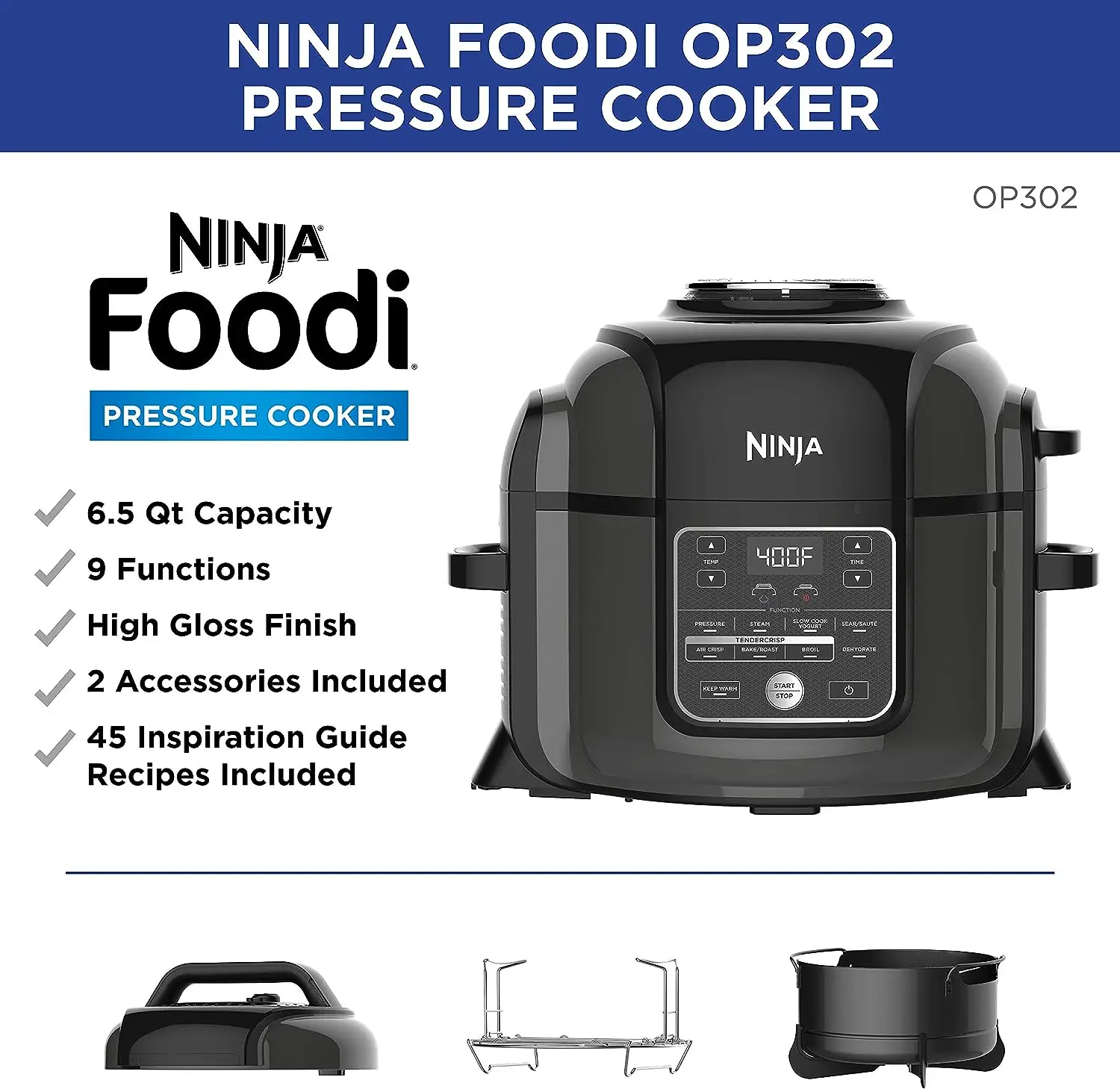 

Foodi 9-in-1 Pressure, Broil, Dehydrate, Slow Cooker, Air Fryer, and More, with 6.5 Quart Capacity and 45 Recipe Book, and a Hig