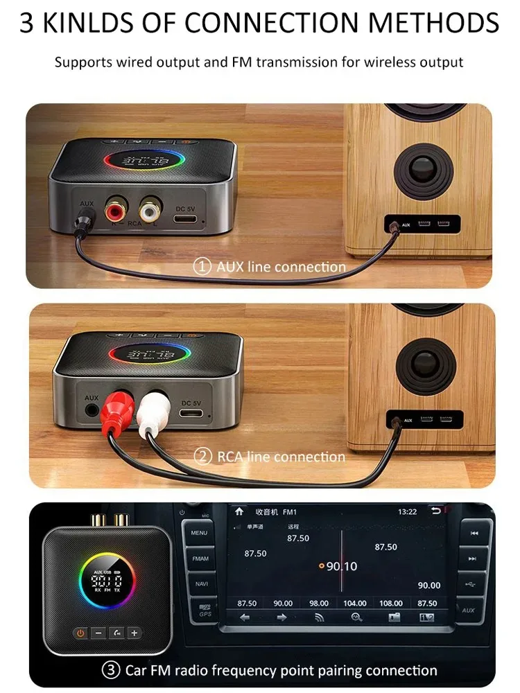 RGB Light Bluetooth 5.4 Audio Receiver Transmitter DSP Wireless Adapter FM USB 3.5MM AUX RCA Stereo HIFI Music Adapter With Mic