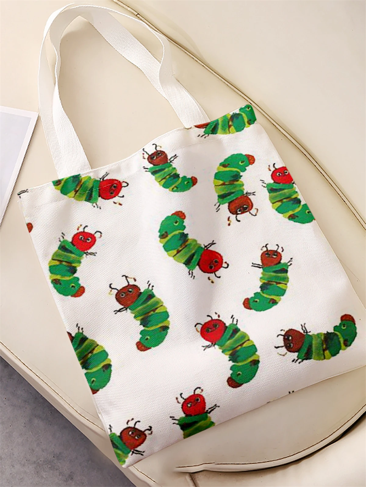 Caterpillar pattern printed casual handbag, reusable fashionable backpack, multifunctional handbag, canvas shopping bag