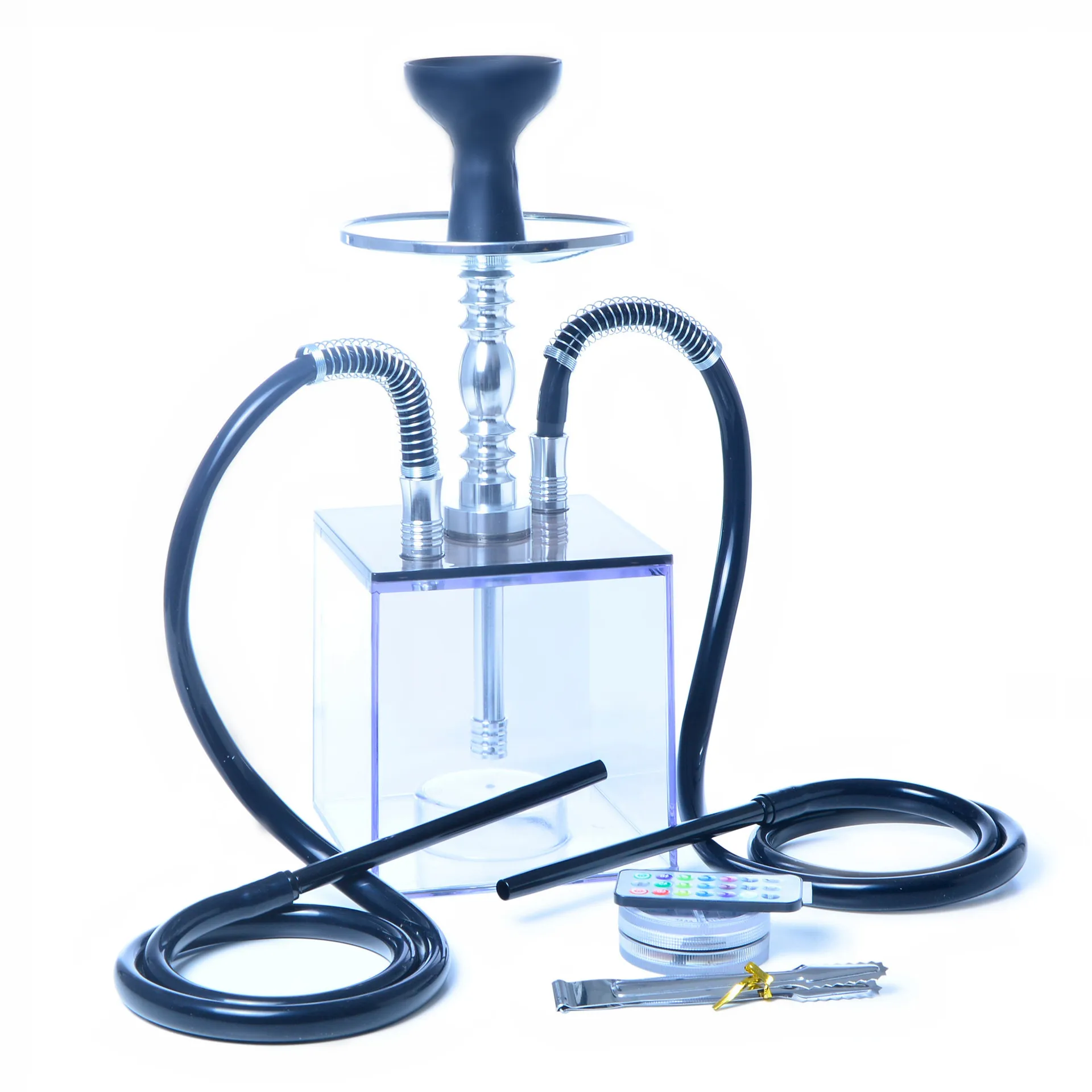 Cube Acrylic Hookah Set with 2 Hose LED Light Silicone Bowl Hookahs Narguile Sheesha Chicha Nargile Cachimbas Shisha Box Kit