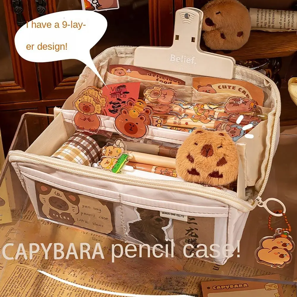 Capybara 인쇄 연필 케이스, 귀여운 다기능 대용량 문구 보관 파우치, 9 레이어 펜 가방, 학생 연필 가방 선물