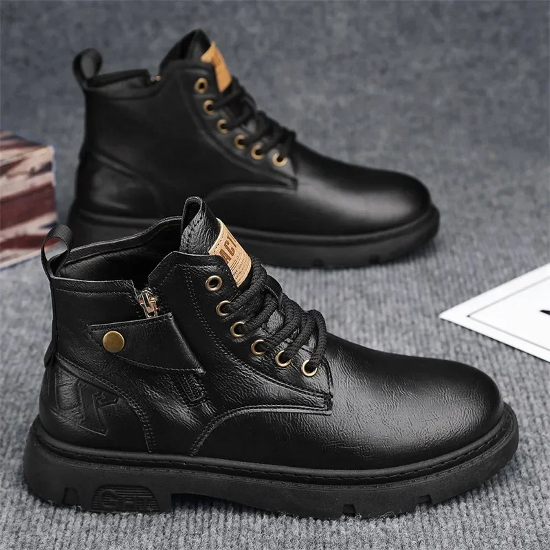 Men's Biker Boot Winter Outdoor Motorcycle Retro Style Leather Boots Man High Top Casual Shoes Trendy All-match Wear-resistant88