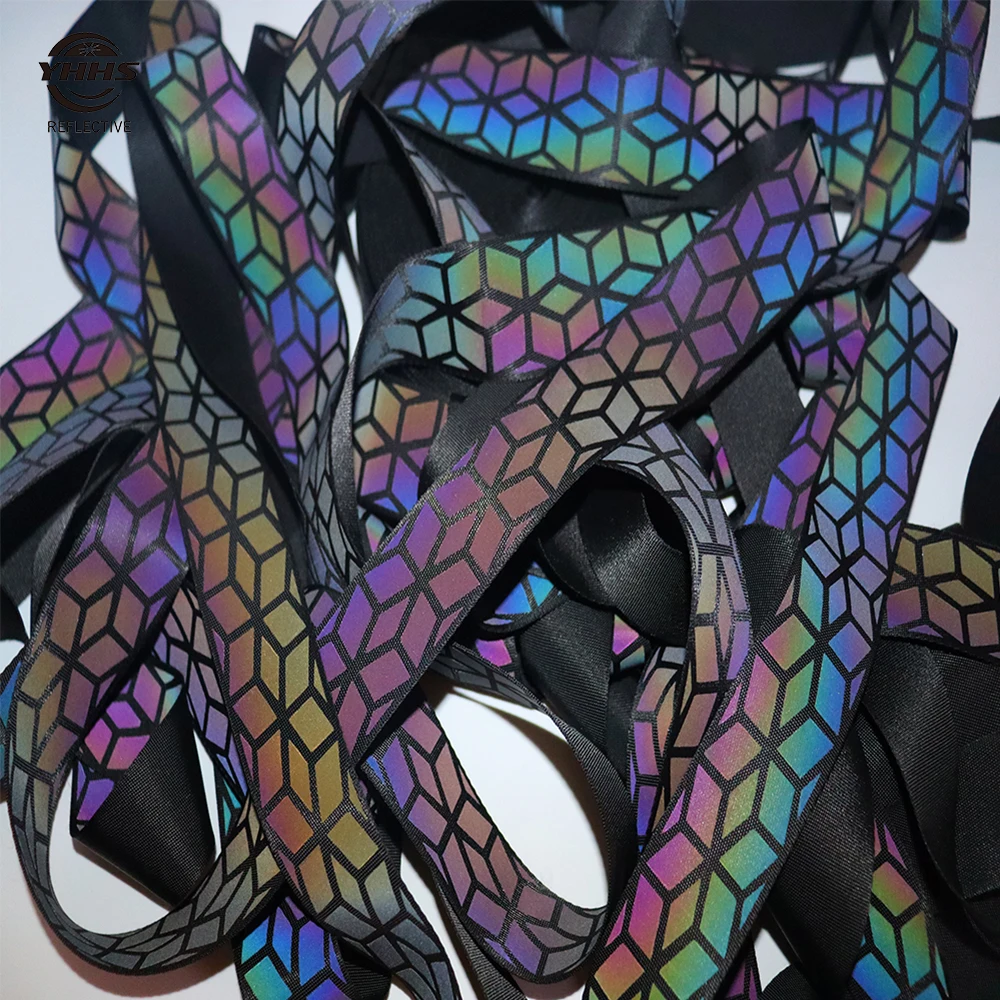 Rainbow Reflective Webbing High Visibility Black Magic Gradient Garment Accessories Sewing On Clothes Shoulder Strap 5Meters Reflective Tape Bands Reflective Tape