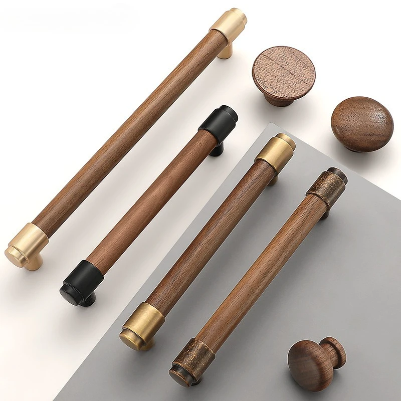 มือจับไม้สำหรับเฟอร์นิเจอร์ในตู้และมือจับประตูครัวสีดำทันสมัย ลิ้นชักเด็ก ลูกบิดปรับระดับได้สีทอง 1