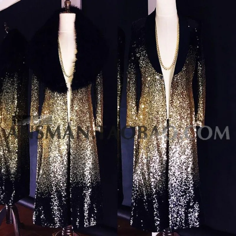 

New Nightclub Male Singer Dj Host Catwalk Jackets High-end Embroidery Black Gold Gradient Long Fur Trench Coat Male Costume