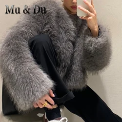Mu&Du 2024 Winter Women Fashion Simple Round Neck Long Sleeved Faux Fur Jacket Female Casual Loose Short Cardigan Coats Outwear