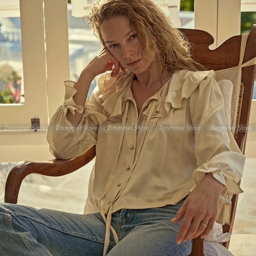 

D@en23 Autumn New Heavyweight Silk Mullein Lace Long Sleeve Ruffle Sleeve Blouse Top