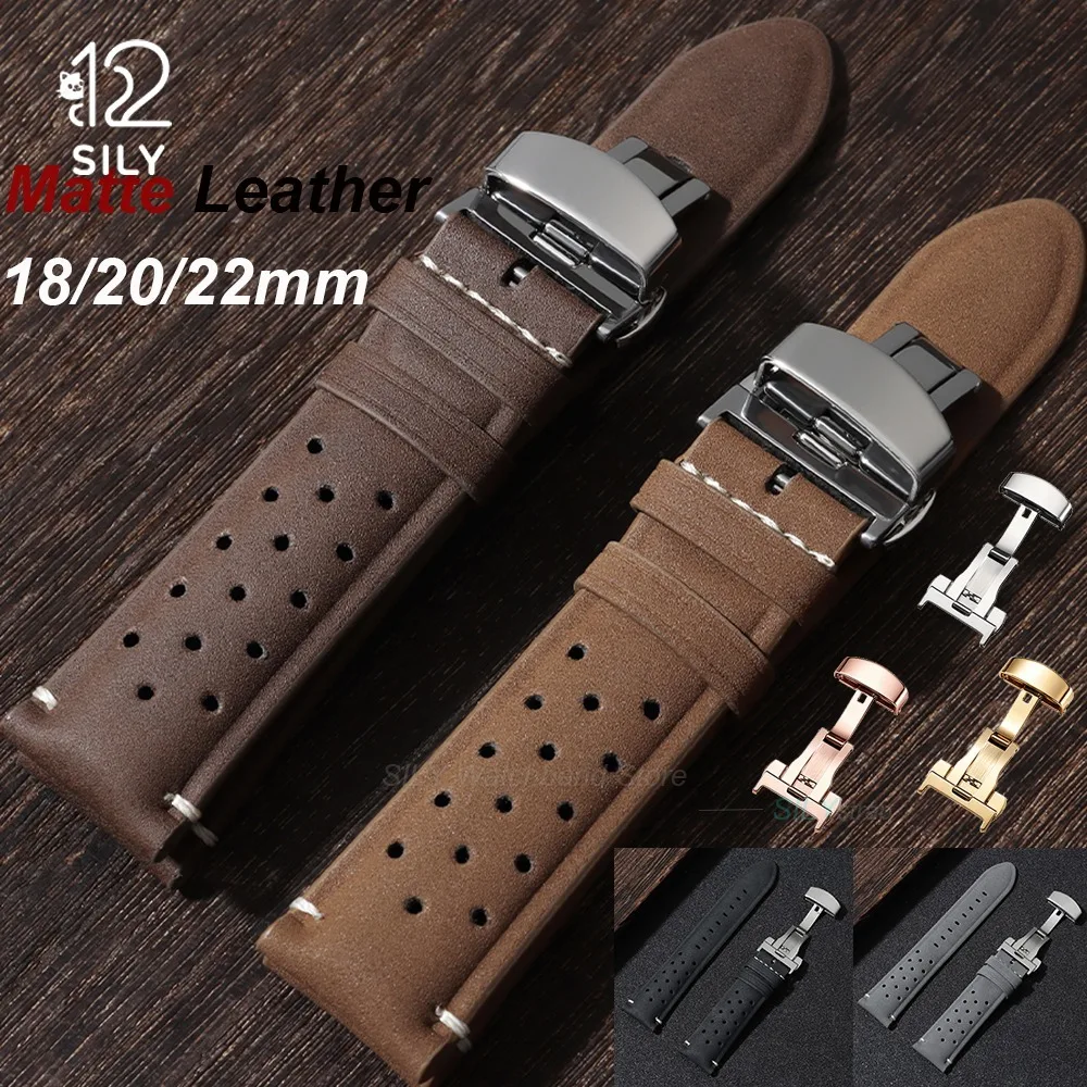 Vintage Brown Leather Strap with Butterfly Buckle - Breathable Business Watch Band Bracelet in Matte Finish