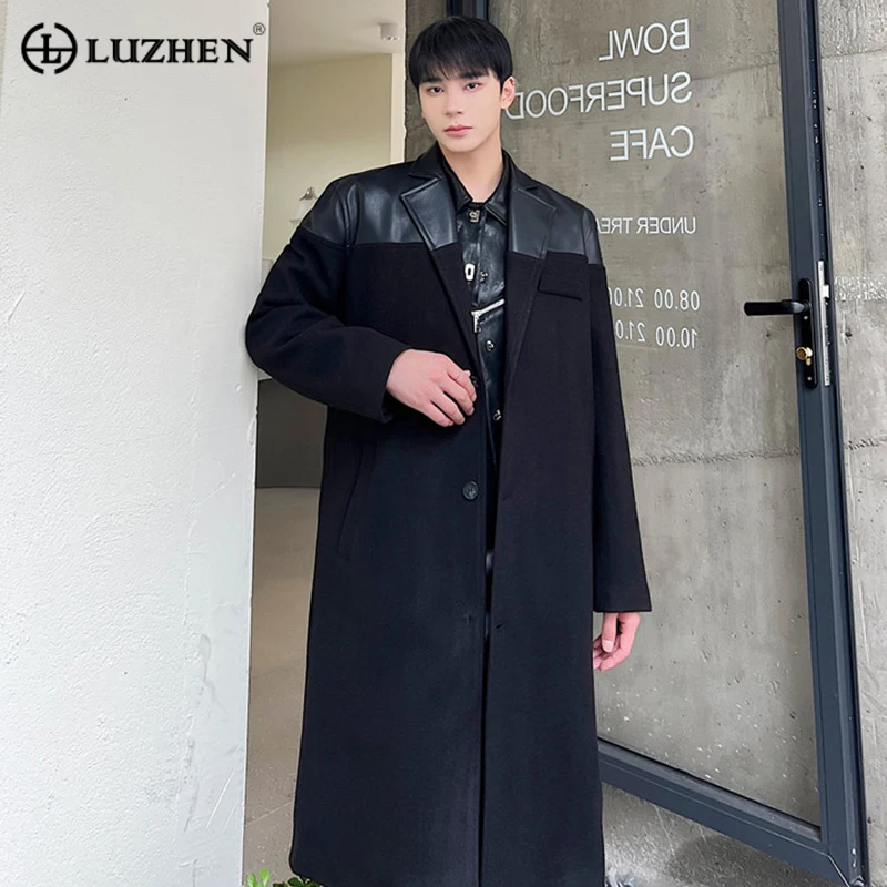 

LUZHEN 2024 Spring New Fashion Elegant Leather Splicing Design Long Trench Coat Men High Quality Loose Woolen Windbreaker F56a87