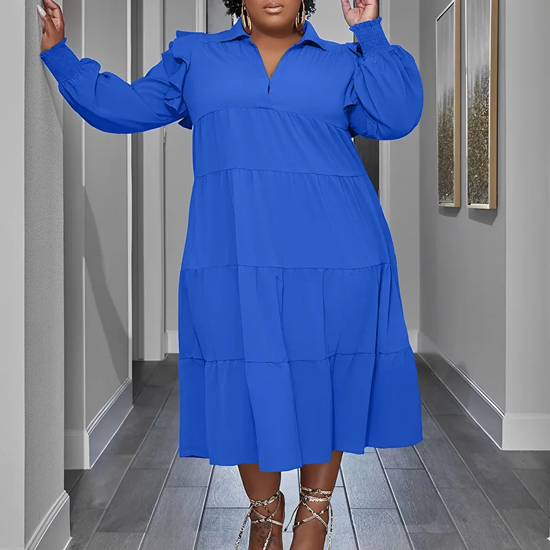 Autumn Fashion Turn-down Collar Solid Color Long Sleeve Casual Loose Shirring Mid Length Cake Dress Plus Size Women's Clothing