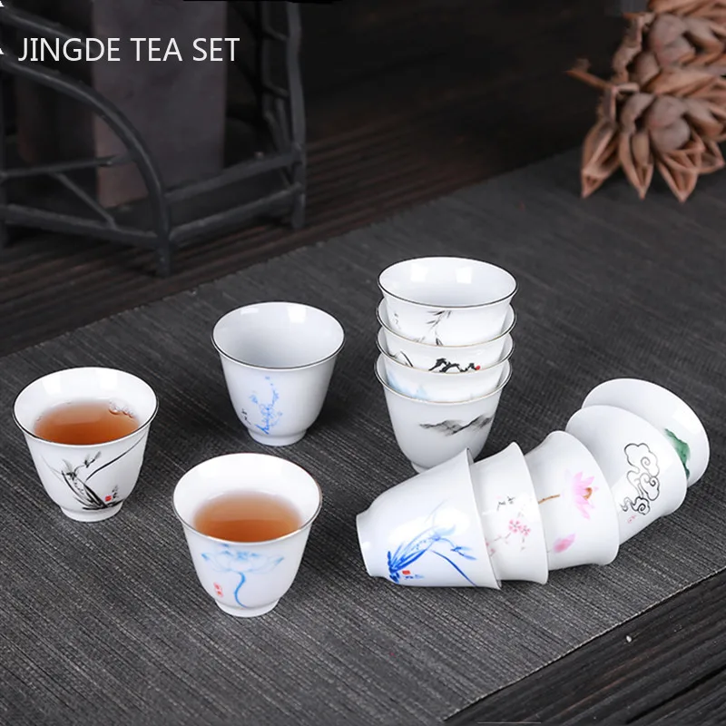 2pcs Hand-painted White Porcelain Thin Tire Tea Cup Jingdezhen Ceramic Teacup Creative Teaware Gifts Home Personal Single Cup