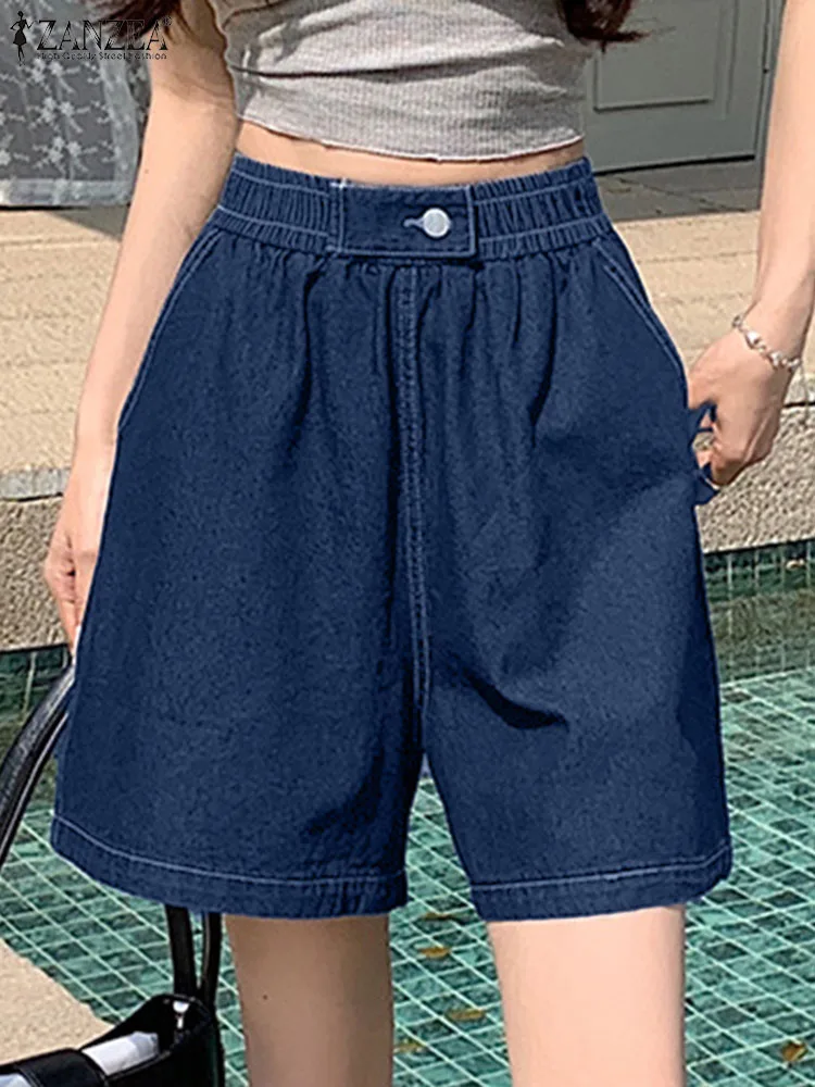 

Fashion Denim Blue Shorts ZANZEA Summer Casual Elastic Waist Solid Shorts Women Elegant OL Work Pantalon Wide Leg Beach Shorts