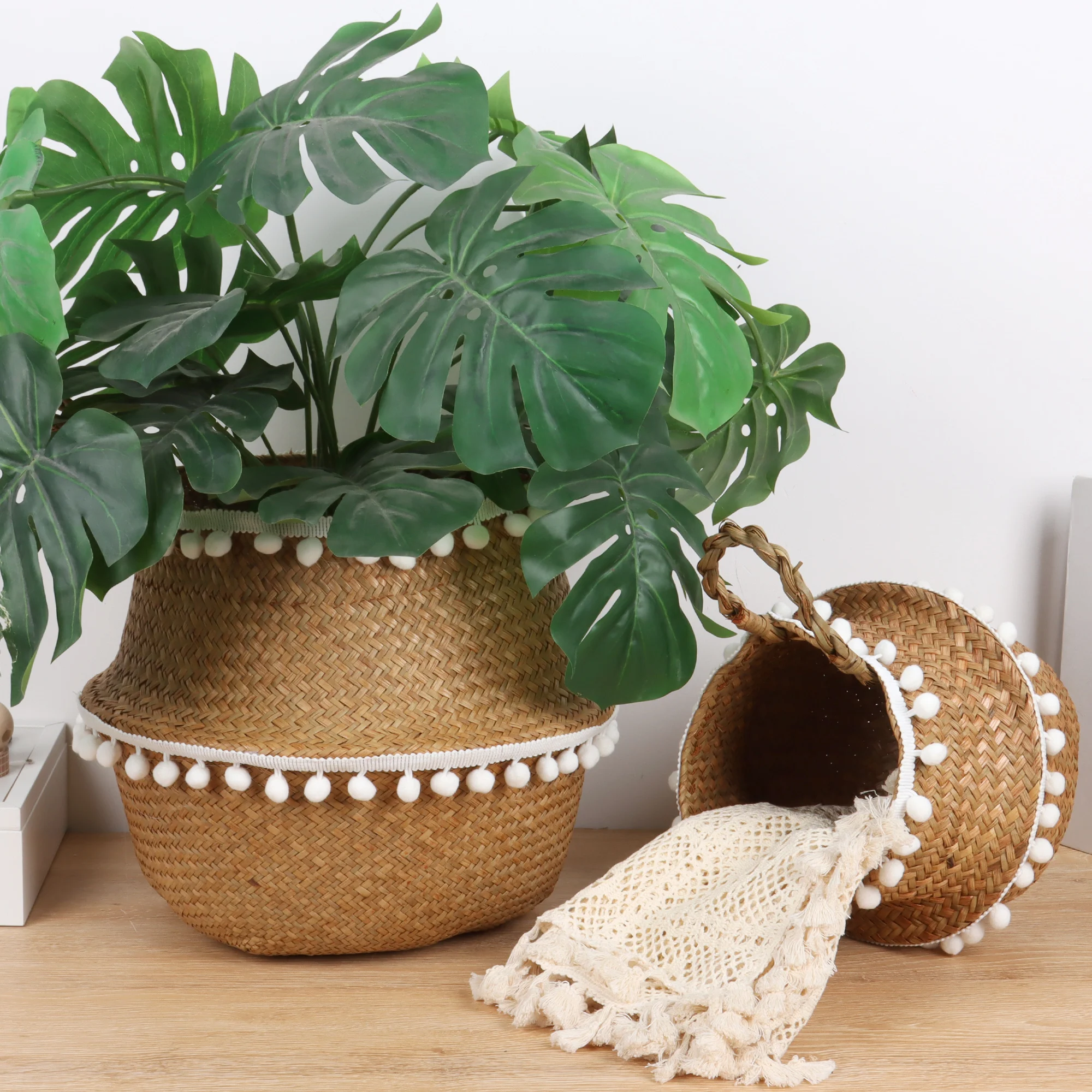 Handmade Seagrass Storage Basket Foldable Laundry Straw Wicker Rattan Seagrass Belly Garden Flower Pot home decor Planter Basket 2