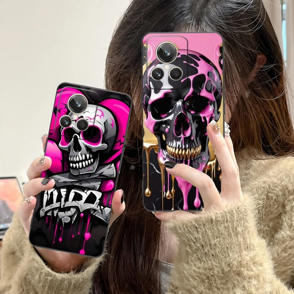 Cool Pink Skull Mobile Cell Phone Case For Realme Gt 2 9I 8I 7I Pro X50 X2 C35 C21 C20 C11 C3 Black Soft Phone Cover Funda