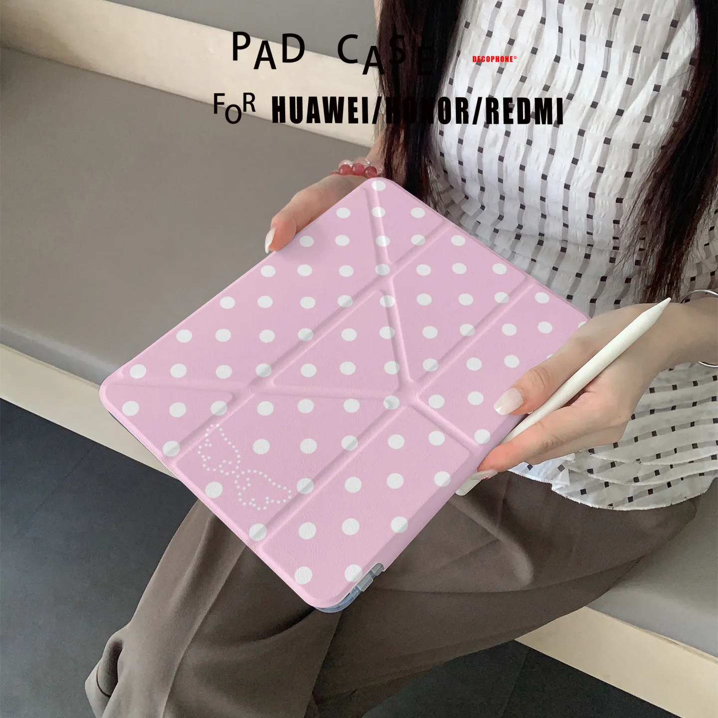 Pink Polka Dots & Cartoon Animals Kids Tablet Case, Foldable Design