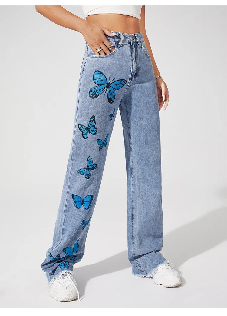 rock revival jeans Butterfly Print Black Baggy Wide Leg Jeans Women Vintage High Waist Straight Jeans Y2k Fashion Tassel Denim Trousers Streetwear denim jeans