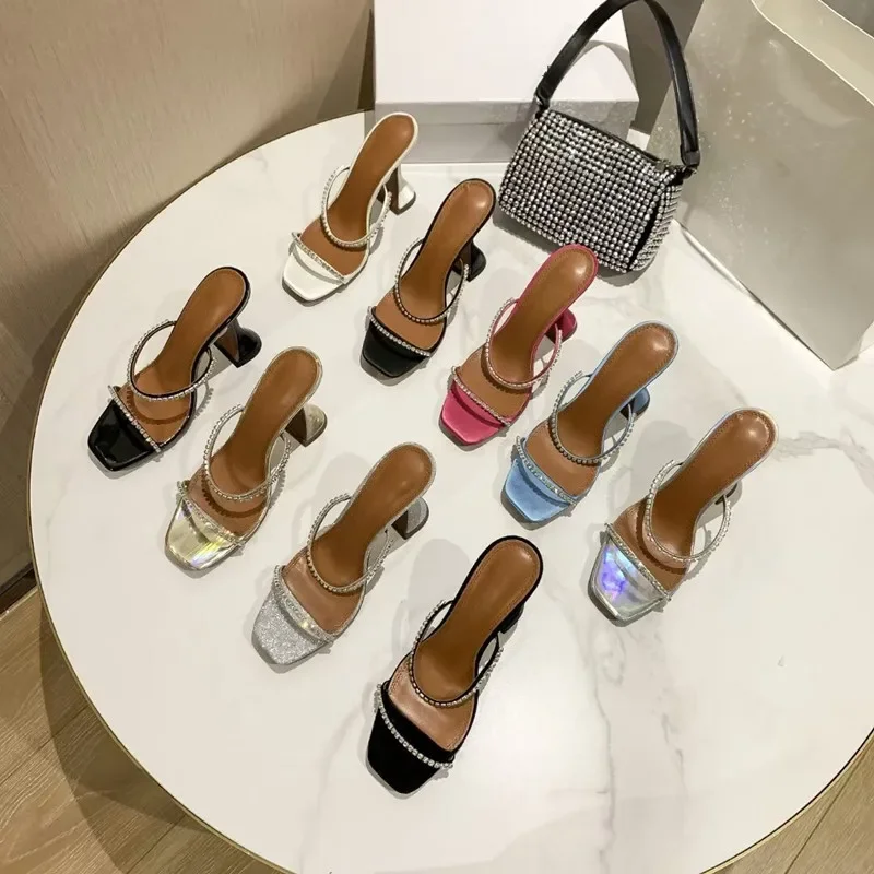 

Amina Muaddi Gilda Ankel Strap Mules Open Toe Sandals Rhinestone Square Toe Open Toe High Heel Sandals Slippers for Women