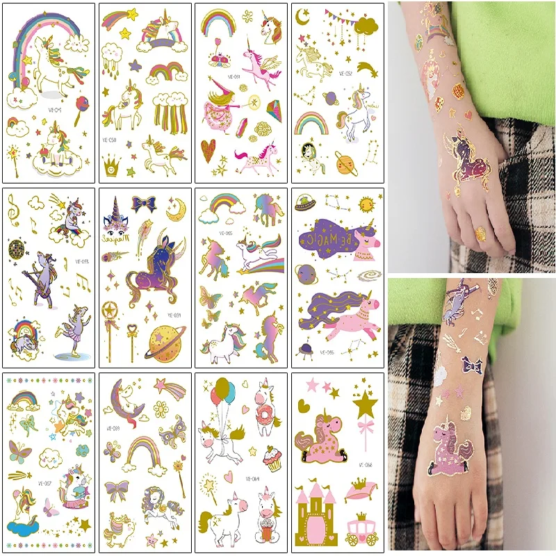 12 sheet Children Gold Metal Flash Tattoo Unicorn Rainbow Waterproof Temporary Tatoo Sticker Body Art Face Tatto Dinosaur Tatoo