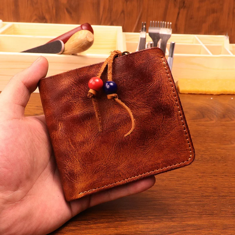 Hand gefertigte Brieftaschen aus braunem Leder für Männer mit Münz tasche Herren brieftasche aus reinem Leder mit Münz tasche mit Reiß verschluss – Detail 7