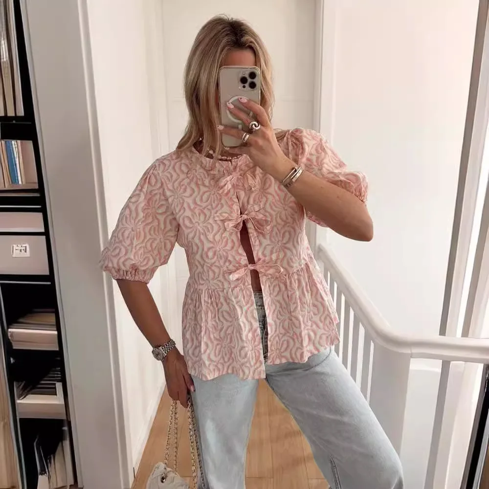 

Женская блузка с рукавами-фонариками, элегантная Свободная Повседневная блузка розового цвета с принтом, лето 2024