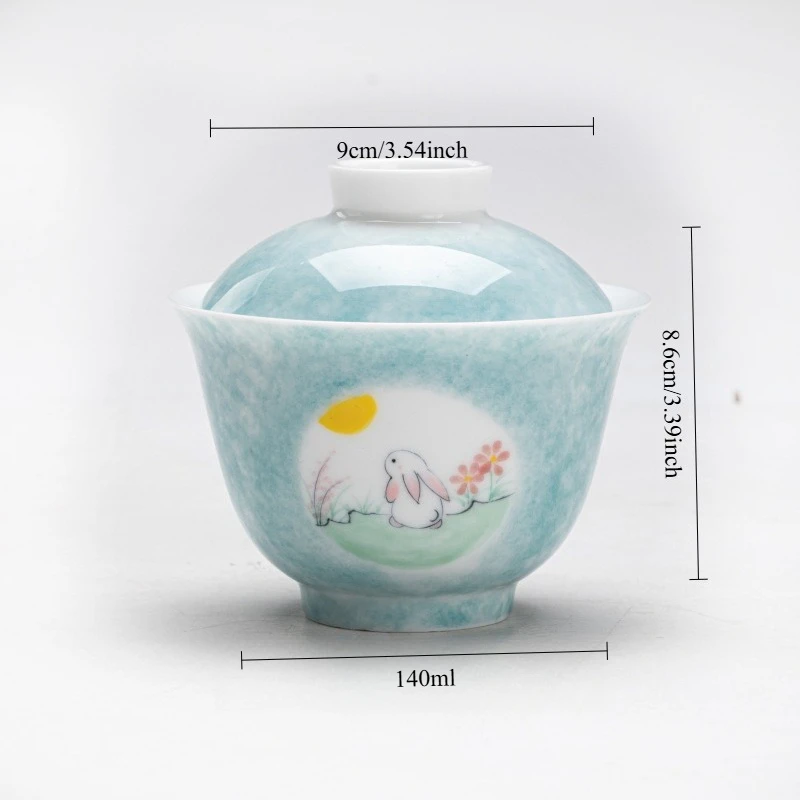 Hand Painted Lidded Tea Cup Rabbit Moon Design Underglaze Color Scholar Style Ceramic Gongfu Tea Set Zen Home Brewing Gift