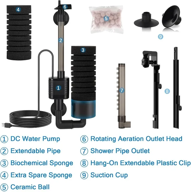 USB Small Aquarium Filter, Single Sponge Filter, with Suction Cup or Adjustable Hanging Clip, Dual Purpose Fish Bowl Tank Filter 6