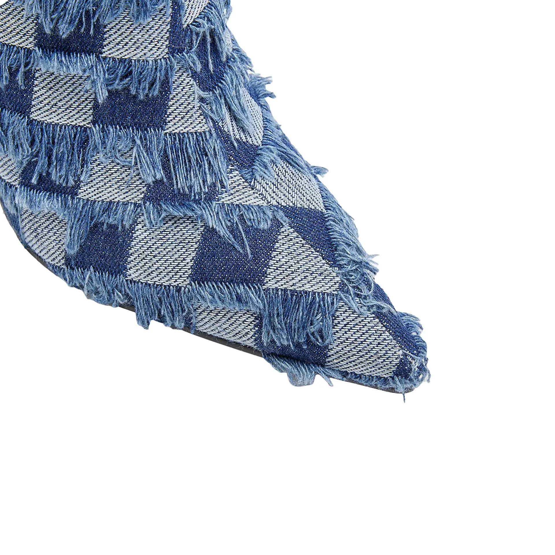 Foreign Trade Pointed Chessboard Plaid Tassel Jacquard Denim Thin Heel High Heel Side Zipper Fashion Large Size Women's Boots