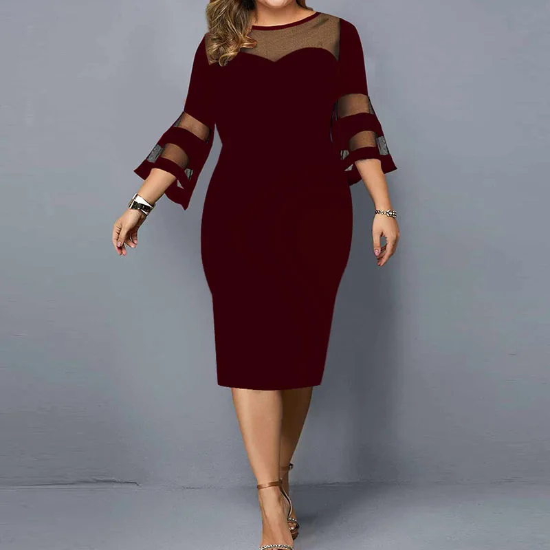Plus Size Women Clothing Sexy Slit Mesh Patchwork Elegant Evening Party Ladies Dresses Autumn Fashion Solid Midi Dress Vestidos