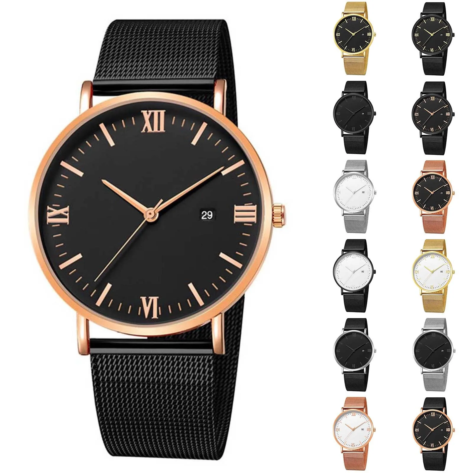 Mens Stainless Steel Mesh Belt Quartz Calendar Watch Luxury Fashion