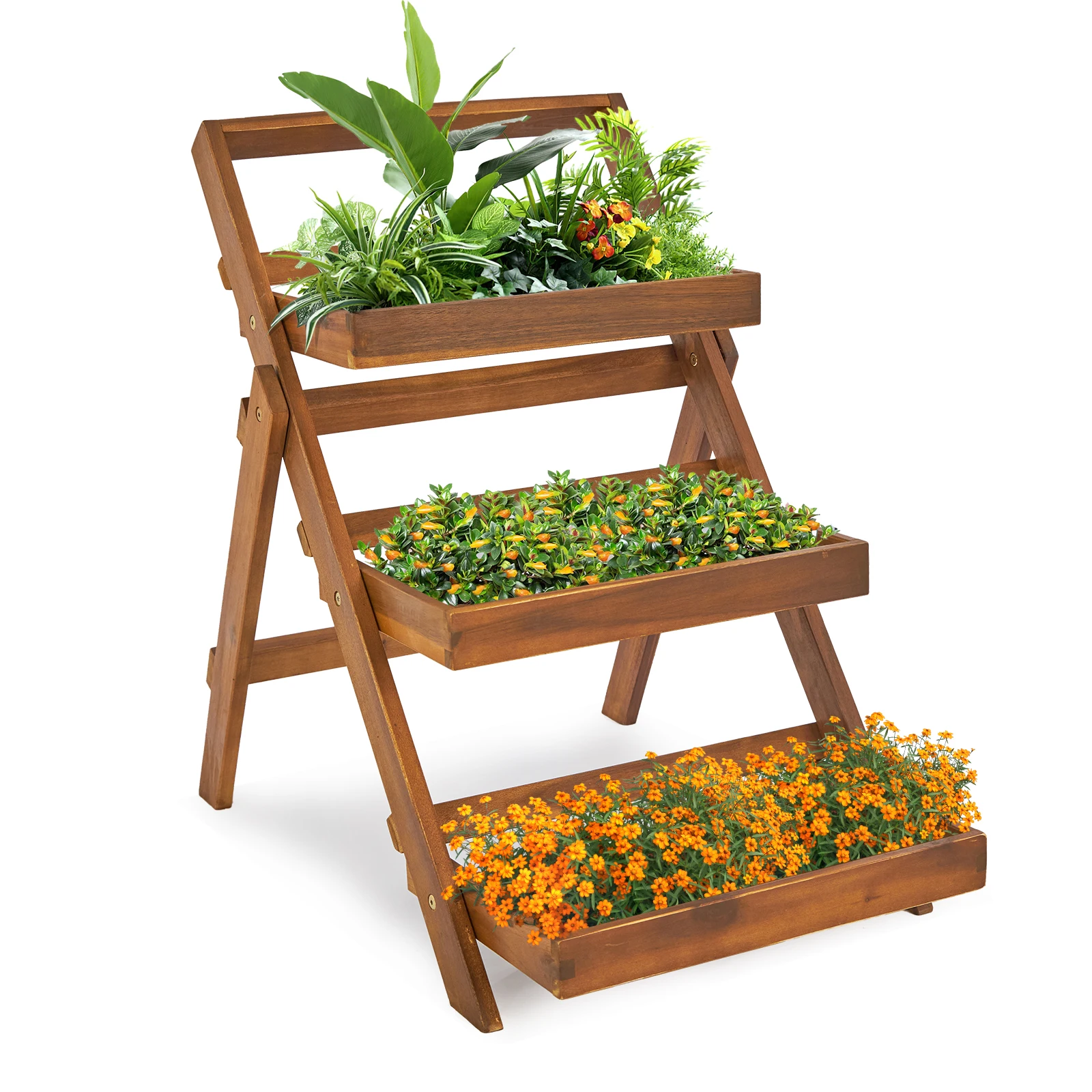 3-Tier Acacia Wood Plant Stand, Foldable Compact Indoor/Outdoor Display Rack for Plants and Decorative Items