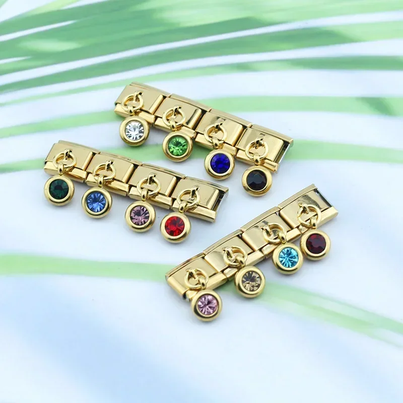 Hapiship Gold 12 Month Birthday Colour Dazzling CZ Links Charm Fit 9mm Bracelet Stainless Steel Jewelry Making DJ475 charm bracelet