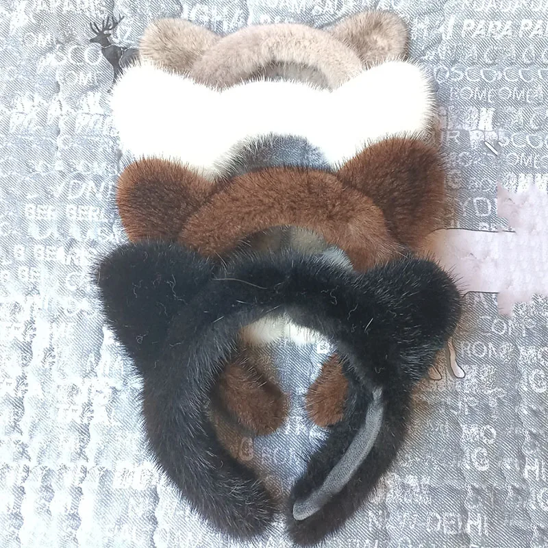 2023 Cute Cat Ears Real Fur Headband Mink Women Korea Genuine Fur Hoops Lovely Hair Accessories