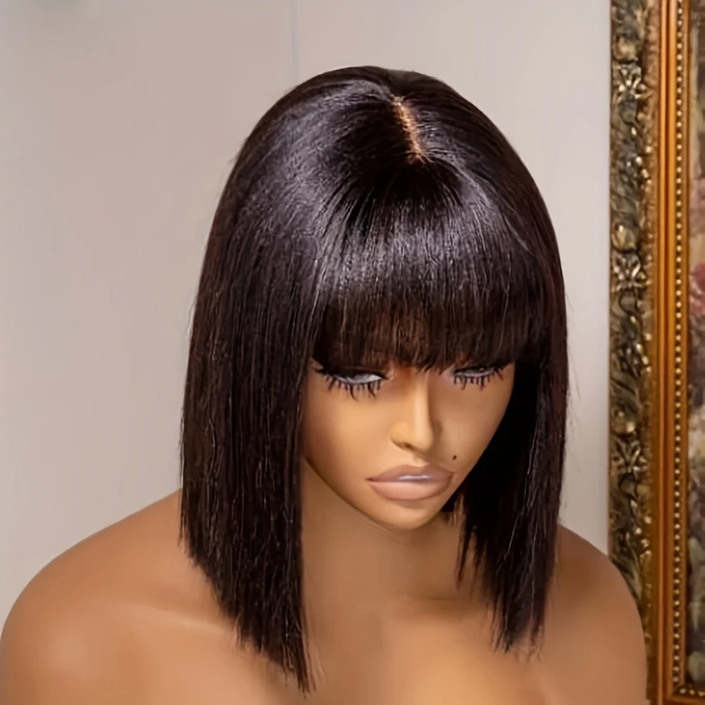 Short Bob Wig Straight Human Hair Wigs With Bangs 3x1 Middle Part Lace Wig Wear And Go Glueless Human Hair Wig Fringe Bob Wigs
