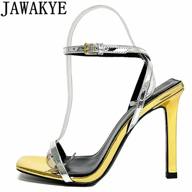 

2024 Summer Square Open Toe High Heel Sandals Women Patent Leather Ankle Strap Stilettos Sexy Party Dress Pumps Shoes Femininas