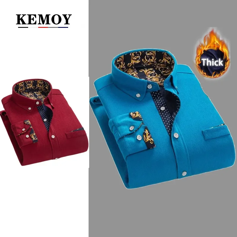 Dress Shirts Men Casual Shirts Winter warm shirt plus velvet thickening fashion print plaid shirt long sleeve men's brand dress M-5XL